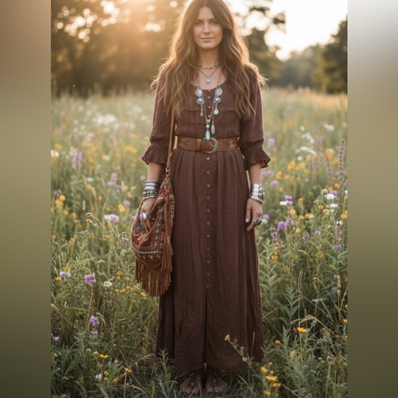 Free People Dresses & Skirts - Free People magdalia romantic boho maxi dress size S bottom down puffy sleeve